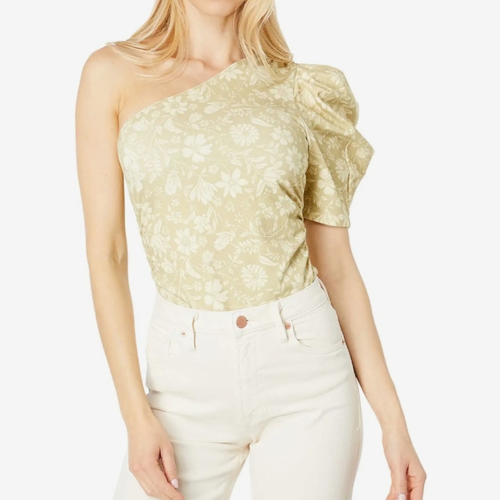 Free People Floral One-Shoulder Bodysuit in Light Green